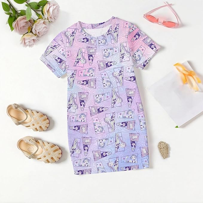 Girl's Anime K-POP Graphic Long Dress T-Shirt - Casual Loose Fit Short Sleeve Top