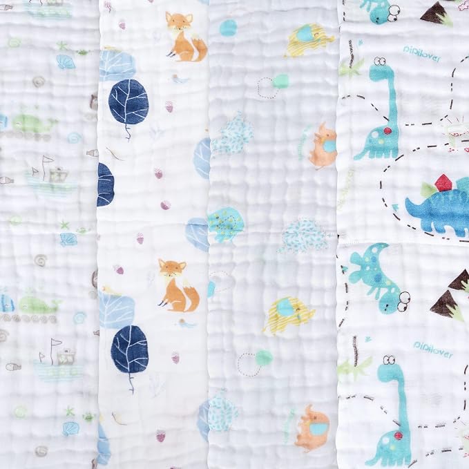 Viviland Baby Muslin Burp Cloths, 100% Cotton Super Absorbent Washcloths for Baby Girl and Boy, 10 x 20 inches 6-Layer Baby Bath Towels, Elephant & Whale Pattern 4 Pack