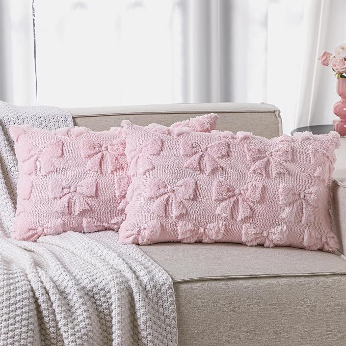 Mixweer Pink Bow Pillow Covers Set of 2 Preppy Room Decor Coquette Cute Spring Summer Decorative Faux Fur Soft Bowknot Stuff Fluffy Plush Aesthetic Pillowcase for Bed Sofa Couch (12 x 20 Inch)