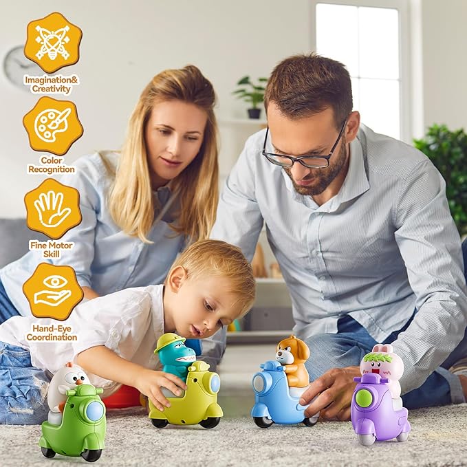 Press and Go 4-Pack Animal Car Toys for Toddlers 1-3, Dinosaur Toys Push Cars for 1 Year Old Boys Girls - Baby Toys 12-18 Months, Safe Push & Go Vehicles for 1st Birthday Gifts & Christmas.