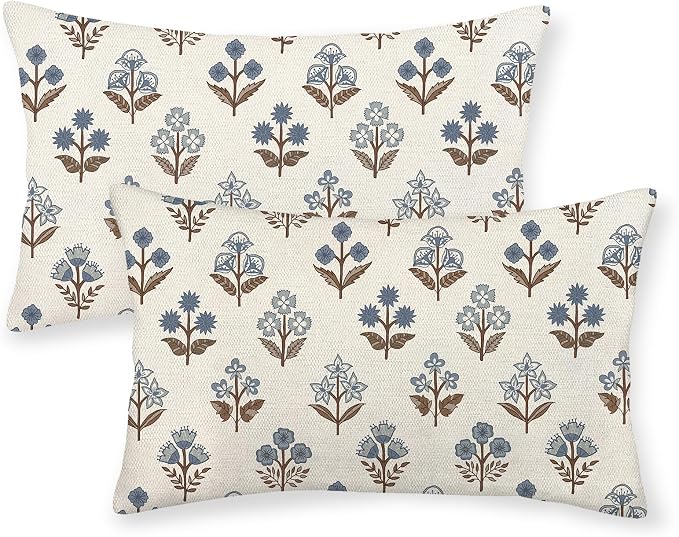 Brown Blue Pillow Covers 12x20 Inch Set of 2 Boho Block Print Floral Throw Pillows Vintage Flower Decorative Pillow Cases Outdoor Linen Farmhouse Cushion Cover for Couch Sofa Bed Decor