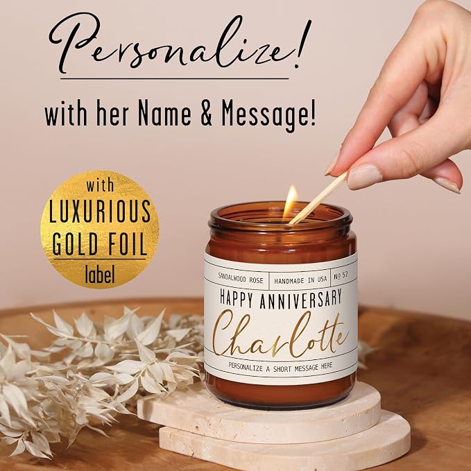 PERSONALIZED Anniversary Gifts for Girlfriend or Wife - 'Happy Anniversary' Candle, w/Sandalwood Rose I Perfect Year Anniversary Gift for Her I 50Hr Burn, USA Made