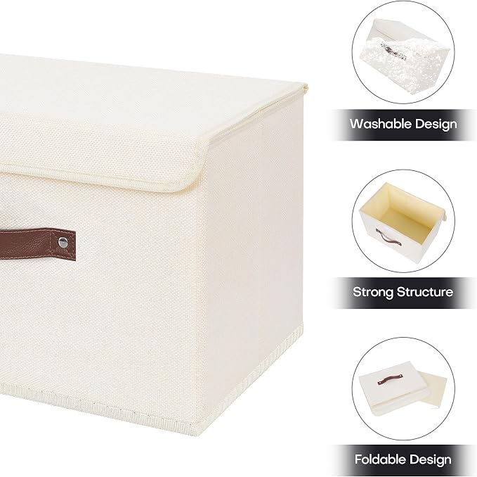 ANMINY Fabric Storage Box Bins with Lids, Beige, 13"x9"x7.9", 4 Pack | Keepsake Memory Storage, Cotton Linen, PP Board Reinforced, Washable, PU Handles, Foldable & Stackable, Decorative, Medium