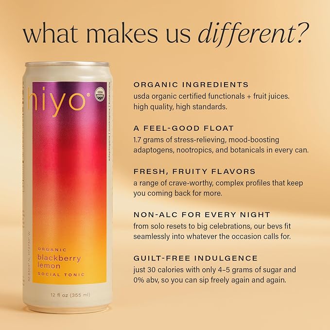 Hiyo Organic Social Tonic – Blackberry Lemon, 12 Pack - Non-Alcoholic Functional Seltzer, Flavored Sparkling Water Crafted with Organic Adaptogens, Nootropics & Botanicals