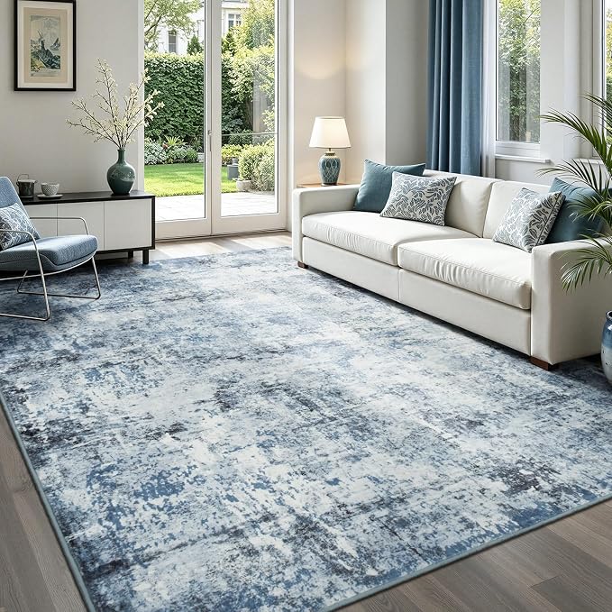 Rugflix 5x7 Area Rugs for Living Room, Washable Light Blue Grey Large Rug | Machine Washable; Stain-Resistant; Low Pile; Non-Slip; Modern Abstract; Black Carpet for Bedroom Dining Office Nursery Home