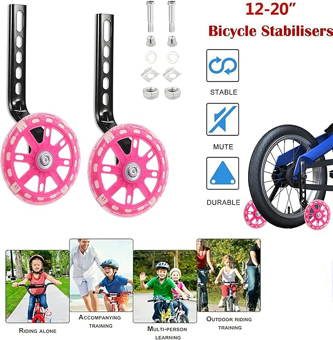Training Wheels for Kids, Heavy Duty Bicycle Stabiliser Flash Mute Wheel Mounted Kit compatible for bikes 12 14 16 18 20 Inch - 1 Pair
