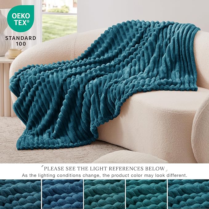 EXQ Home Fleece Blanket Twin Size for Couch or Bed - 3D Stripe Jacquard Decorative Blankets - Cozy Soft Lightweight Fuzzy Flannel Blanket Suitable for All Seasons(60"×80",Teal)