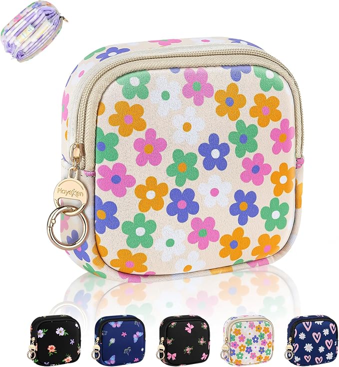 Period Bag for Teen Girls, Neoprene Sanitary Napkin Storage Bag, Cute Menstrual Pad Pouch Tampon Holder (Floral)