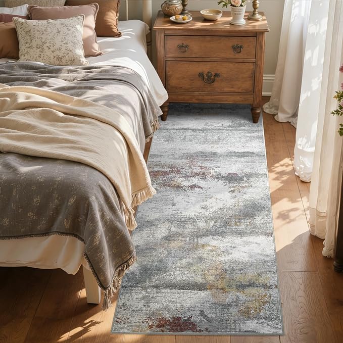 2x6 Ft Washable Runner Rug, Non-Slip Low Pile Hallway Kitchen Area Rug, Soft Abstract Long Entryway Floor Mat Print Pattern Carpet for Bedside & High-Traffic Areas (Grey/Gold-Brown/Red-Brown)