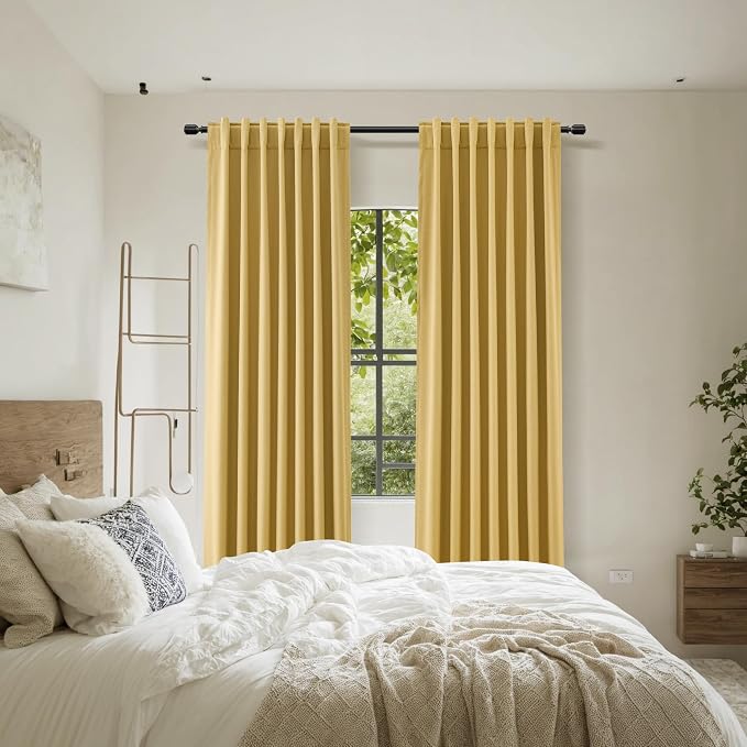Guken 100% Blackout Curtains 102 Inch Length 2 Panels Set for Living Room Bedroom Back Tab Thermal Insulated Black Out Linen Drapes Room Darkening Window Curtains Gold 52x102