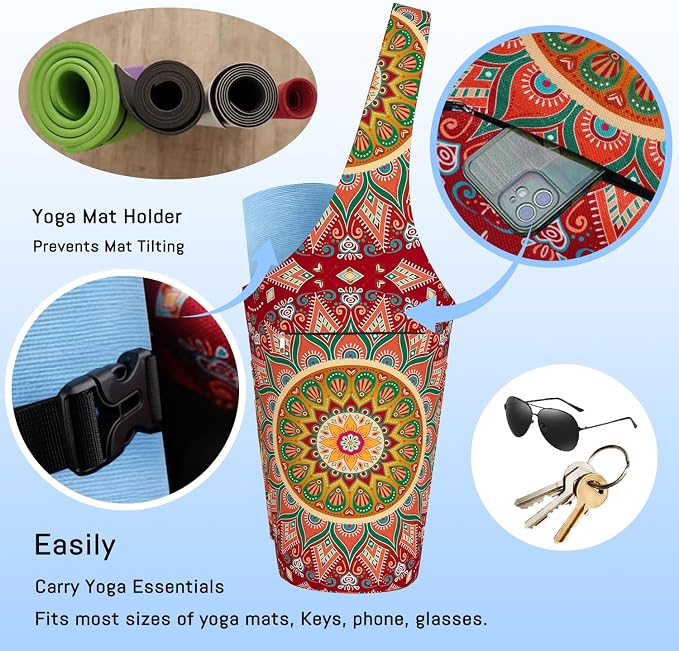 Mandala Yoga Mat Bag with Large Waterproof Zipper Pocket and Drawstring Pocket Long Tote Yoga Mat Carrier Holder Bags Fit Most Size Mats