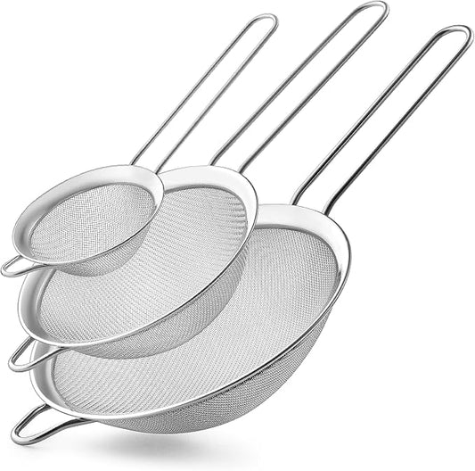 3PCS Fine Mesh Strainers for Kitchen, Stainless Steel Metal Wire Sieve Strainer, Food Strainer with Handlle for Sifting, Straining and Cooking