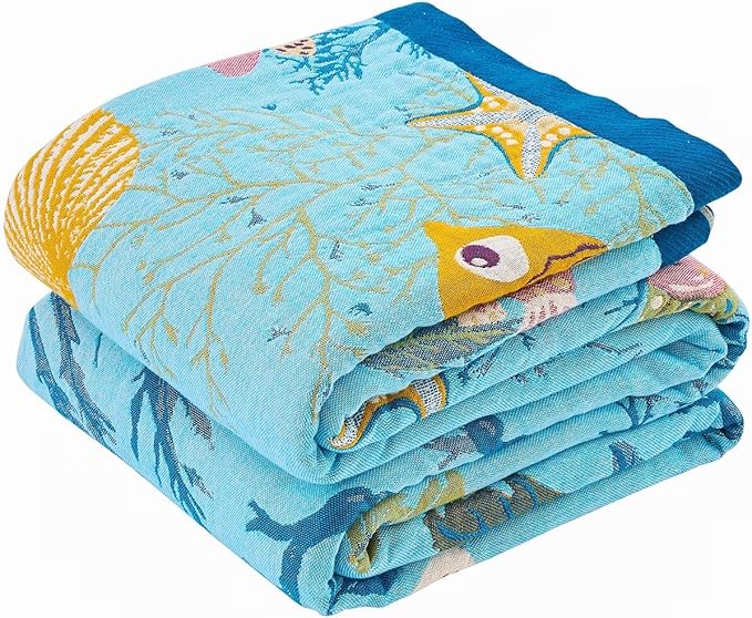 XIBLC Boho Throw Blanket 100% Cotton Vintage Blanket Muslin Woven Flower Decorative Throw Blankets All Season Bohemian Rustic Farmhouse Decor Quilt for Bed (Blue 90"x98")