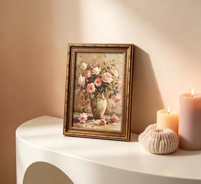 Gold Framed Vintage Floral Canvas Wall Art French Country Painting Picture Wall Decor Vase Flower Arrangement Poster Print Artwork for Living Room Bedroom Bathroom Home Decoration