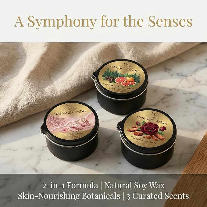 3 Pack Low Temperature Massage Candle Set, Soy Wax Melts into Nourishing Skin Oil with Jojoba & Shea Butter, for Home Spa & Relaxation, 2.35 oz - 3 Scents (Sandalwood Rose Sets)