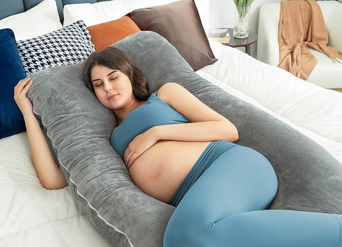 QUEEN ROSE Pregnancy Pillows, U Shaped Full Body Pillow for Sleeping Support, 55 Inch Maternity Pillow for Pregnant Women with Removable Velvet Cover, Grey