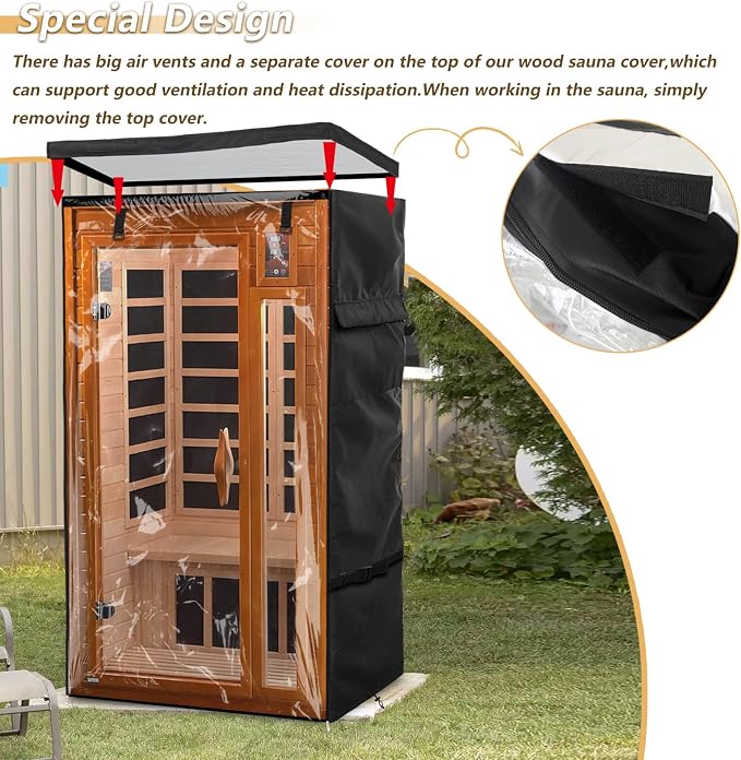 Outdoor Wood Sauna Cover,Sauna Covers with Separate Top Cover for Wood Home Spa Saunas,40" Lx37 Dx73 H with PVC Clear Door Design,Black