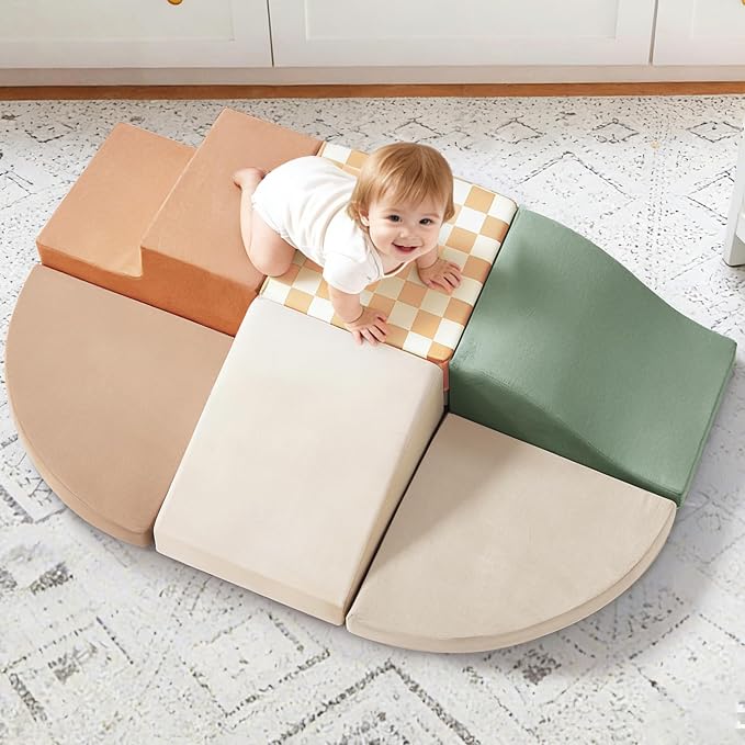 Tiny Land Soft Foam Climbing Blocks for Toddlers, 6-Piece Baby Foam Climbing Blocks, Indoor Playground Climbing Toys, Ideal Gift for Kids Activity Crawling and Sliding Foam Play Set (Vintage)