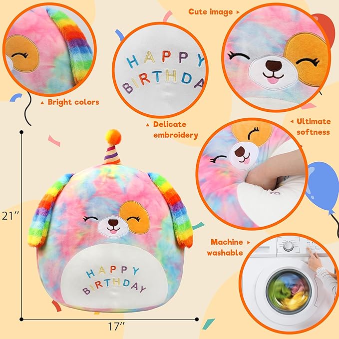Easfan 20" Jumbo Rainbow Birthday Dog Giant Plush Pillow Soft Puppy Plush Toy Cute Dog Stuffed Animal Birthday Gifts for Kids Toddlers