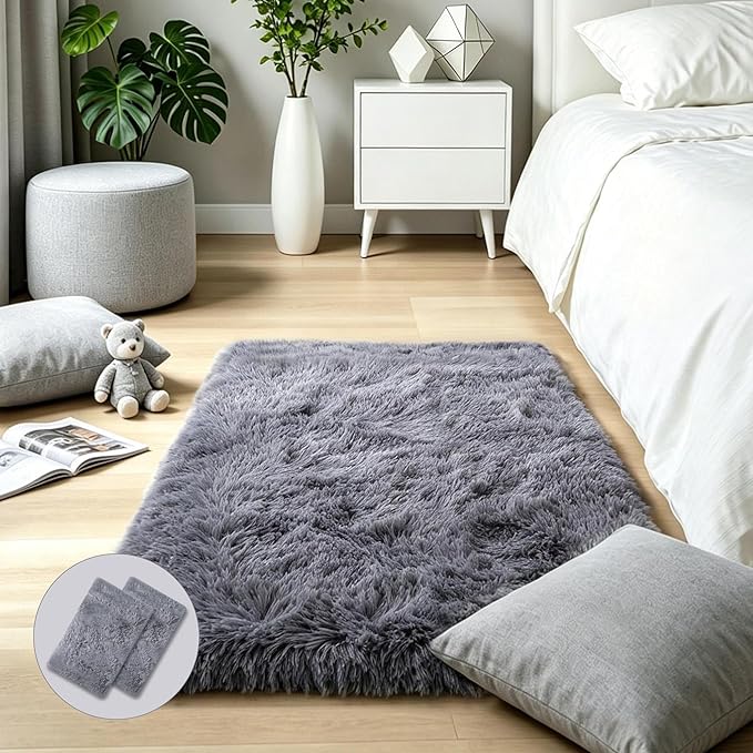 KICHOWUA Grey Fluffy Shag Rug 2x3, 2 Pcs Soft Plush Fuzzy Washable Non Slip | Cozy furry shaggy carpet for bedroom, living room, kids room, nursery, dorm, boys and girls