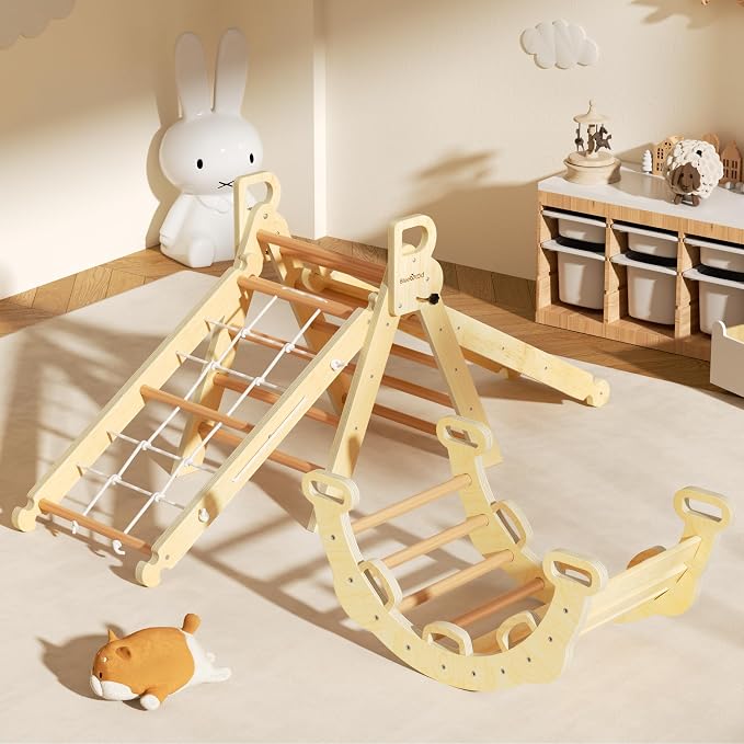 BlueWood 2025 8-in-1 Pikler Triangle Climbing Set Toddler Toys Indoor Baby Jungle Gym Climber Playground for Kids - Mauve Pink