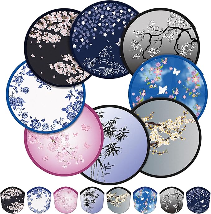 Gejoy 24 Pieces Chinese Style Flowers Foldable Flying Disc Fans Handheld Compact Cooling Multi Role Round Fans for Outdoor Games for Women Man Party Favors Decorations Portable, 8 Style
