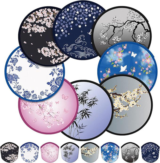 Gejoy 24 Pieces Chinese Style Flowers Foldable Flying Disc Fans Handheld Compact Cooling Multi Role Round Fans for Outdoor Games for Women Man Party Favors Decorations Portable, 8 Style