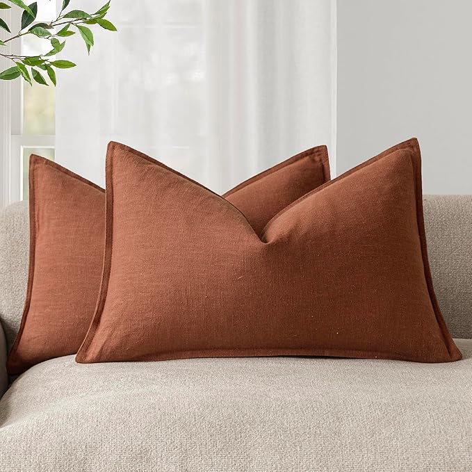 Foindtower Pack of 2, Decorative Linen Solid Throw Pillow Covers Accent Lumbar Cushion Case Boho Farmhouse Pillowcase for Chair Couch Sofa Bedroom Living Room Home Decor 12 x 20 Inch Fall Rust Orange