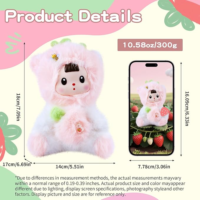 Kawaii Plush Doll, Stuffed Animals with Vinyl Face Pink Strawberry Cat Shaped for Girls Boys Kids Lovers, 7 inches Kawaii Vinyl Plush Pendant Cute Figurines Gifts for Collectibles Home Decor Birthday
