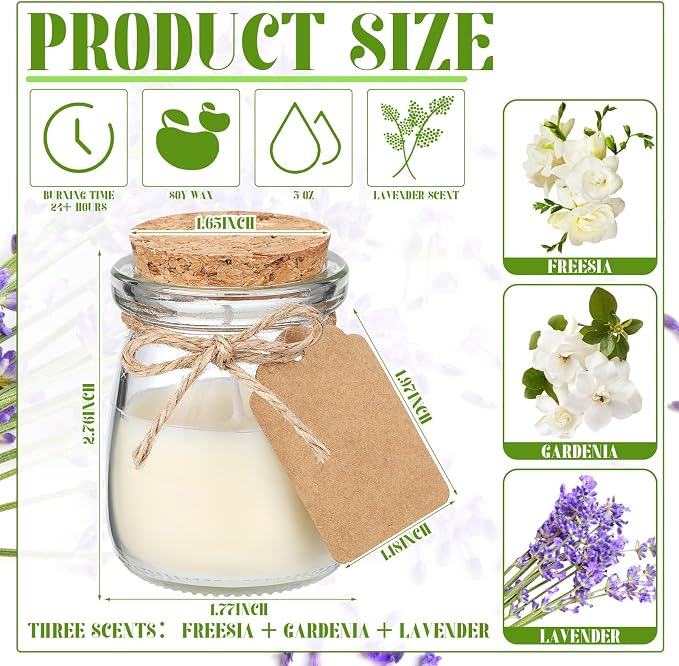MTLEE 24 Pcs Flower Scent Jar Candles for Guests Wedding Candle Gift Natural Wax Candles with DIY Tag Cards for Baby Shower Party Favors Home Supply Decor, Scents of Freesia/Gardenia/Lavender