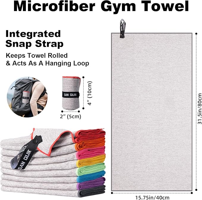 Microfiber Gym Towels 8 Pack, Quick Dry Silver ION Odor-Free Sweat Towel for Gym Women Super Absorbent Fast Drying for Workout, Yoga, Running, Hiking, Travel（Bright Color,16x31.5Inch ）