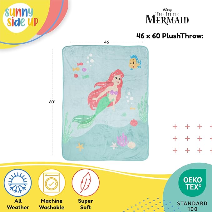 Sunny Side Up Disney The Little Mermaid Plush Throw Blanket - Measures 46 x 60 Inches - Super Soft & Cozy Fleece Kids Princess Bedding Features Ariel