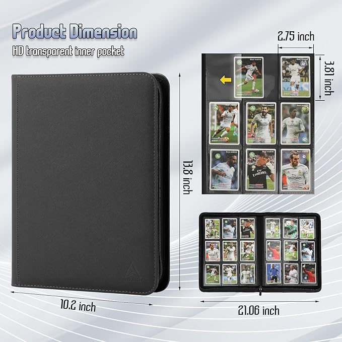 Arkeiliy Card Binder 9 Pocket, Double Sided Pockets Trading Card Binder with 30 Sleeves, Premium Zip Trading Card Holder Collector Album Holds 540 MTG (Black)