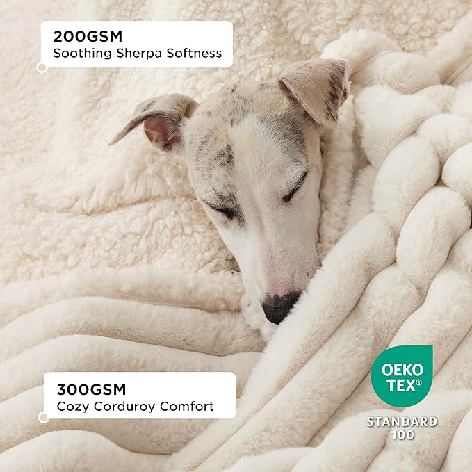 Bedsure ComfyFleece™ Waterproof Blanket for Bed - Soft Plush Dog Blankets for Large Dogs Corduroy Fleece Washable, Cozy Calming Reversible Furniture Protection for Pet Cat,86"x90", Queen,Cream