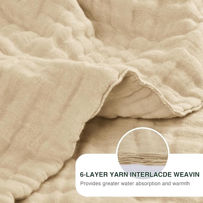 Love's cabin 100% Cotton Muslin Blanket, 6 Layer Lightweight Breathable Gauze Throw Blanket 50 x 60 Inches, Soft All Season Blanket for Couch, Bed, Sofa, Khaki
