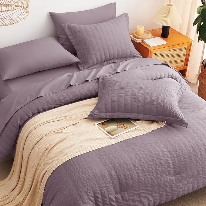 CozyLux Twin Comforter Set with Sheets 5 Pieces, Dusty Purple Seersucker Textured Bed in a Bag, Grayish Purple Luxury Soft Bedding Sets with Down Alternative Comforter, Sheets, Pillowcase & Sham