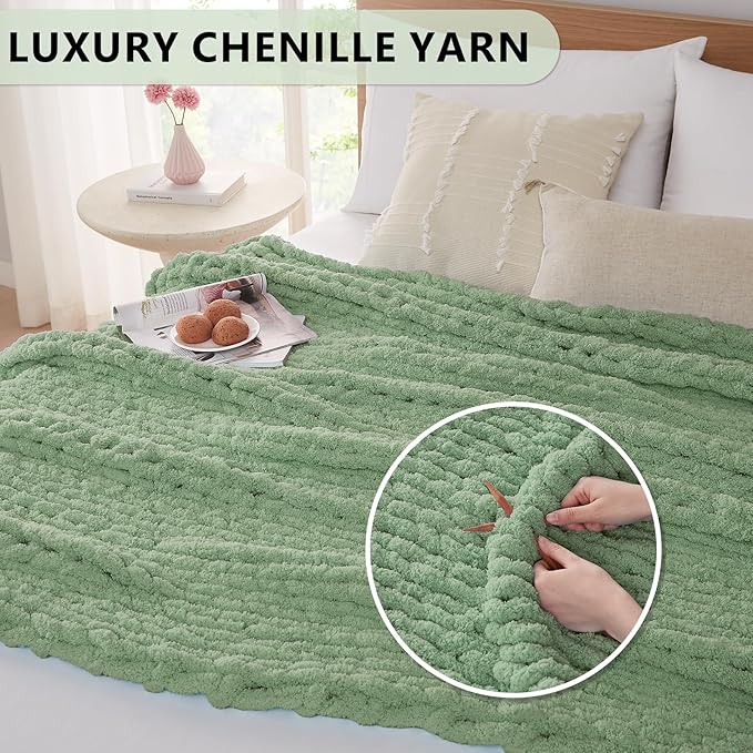 L'AGRATY Chunky Knit Throw Blanket for Couch, 80 x 90 Inches, Sage Green | Handmade Chenille Crochet Blanket for Sofa Bed, Thick Cable Knitted Blankets for Room Home Decor, Birthday Gift for Women Mom