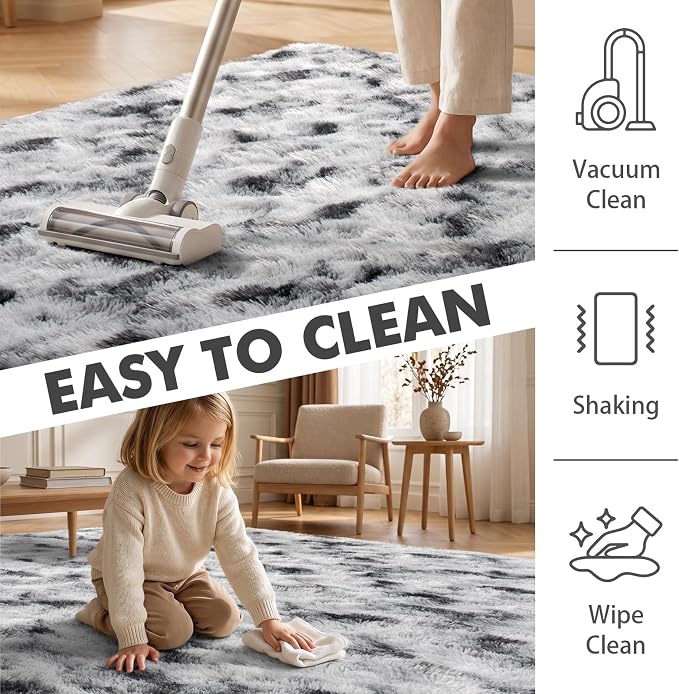 4x6 Ft Shag Area Rug for Bedroom Living Room, Tie-Dyed Ultra Soft Fluffy Furry Rugs for Indoor Floor, Aesthetic Carpet for Kids Home Decor (Black White)