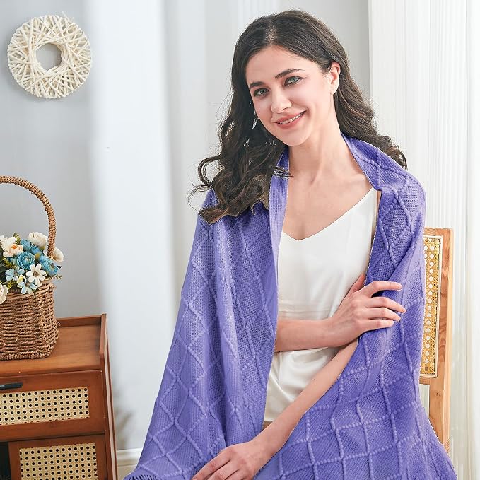 inhand Cornflower Blue Knitted Throw Blanket for Couch and Bed, 50"x60" | Gifts for Mom from Daughter Son, Soft Lightweight with Tassels, Farmhouse Warm Decorative Blanket for Women, Cozy Knit