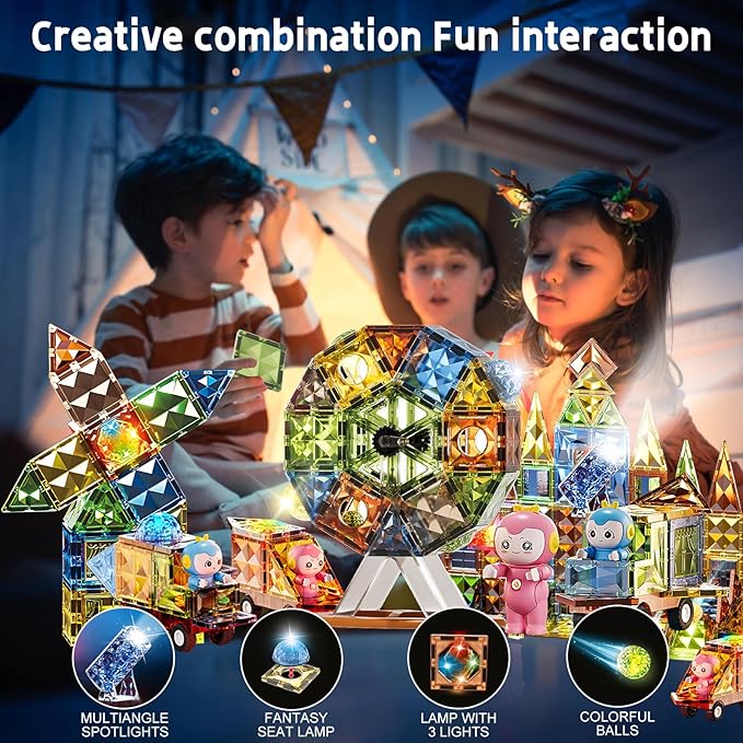 Deluxe Quality Magnetic Tiles Building Set with Attractive Reflective Pattern, LED Lights, Marble Run, and Cars - STEM Educational Toy for Creative Kids Girls Boys 3+ (110 pcs Castle)