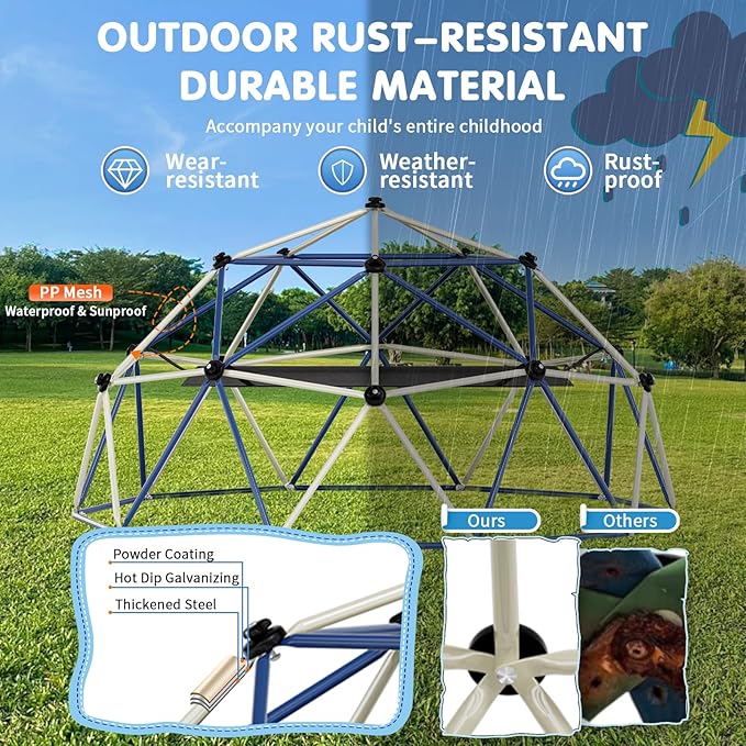Climbing Dome,10FT Dome Climber with Hammock, Outdoor Jungle Gym for Kids, Supports Jungle Gym up to 1,000 lbs, Rust Resistant, Easy to Assemble, Gift for Kids, Blue+White