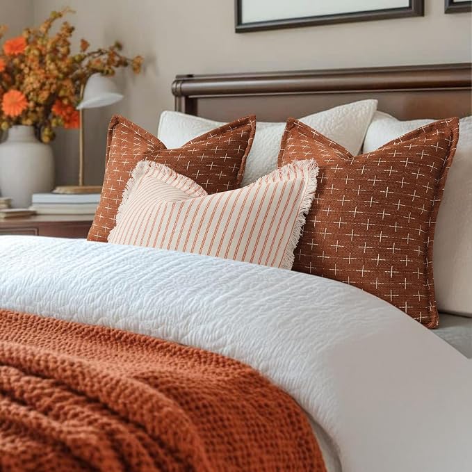 Fall Pillow Covers 24x24 Set of 2 Soft Polyester Textured Rust Pillow Covers with Stylish Flange Edge Cozy Farmhouse Throw Pillows for Couch Bed Sofa Living Room Fall Decor