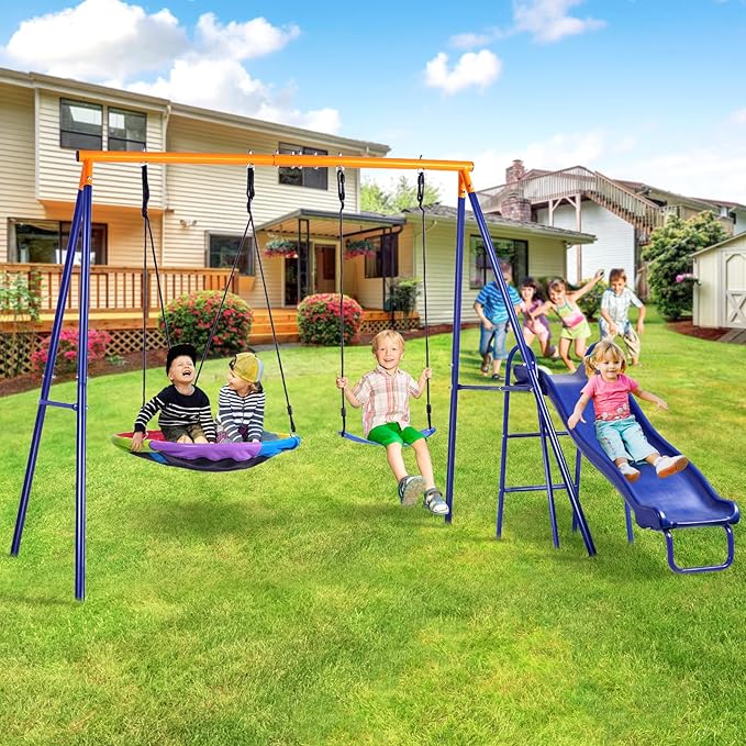 Lunafun Swing Set for Backyard with Kids Slide 440lbs Heavy-Duty Metal A-Frame 1 Saucer Swing Seat 1 Swings Seat & 1 Slide