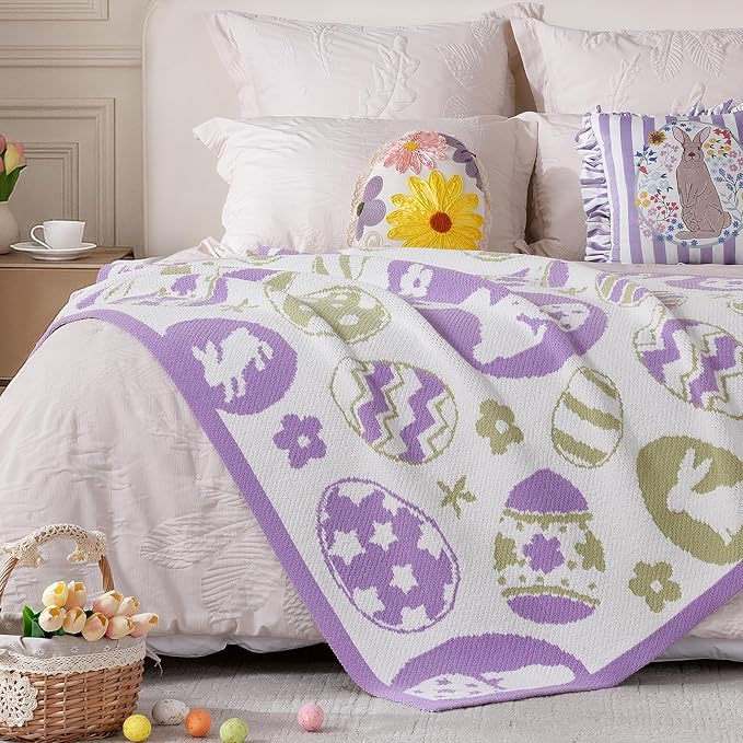 Animal Chenille Throw Blanket for Couch, Bunny and Eggs Knit Throws, Cozy Soft Summer Party Themed Blankets for Sofa, Bed, Gift & Decor, 50"x60", Purple/Green