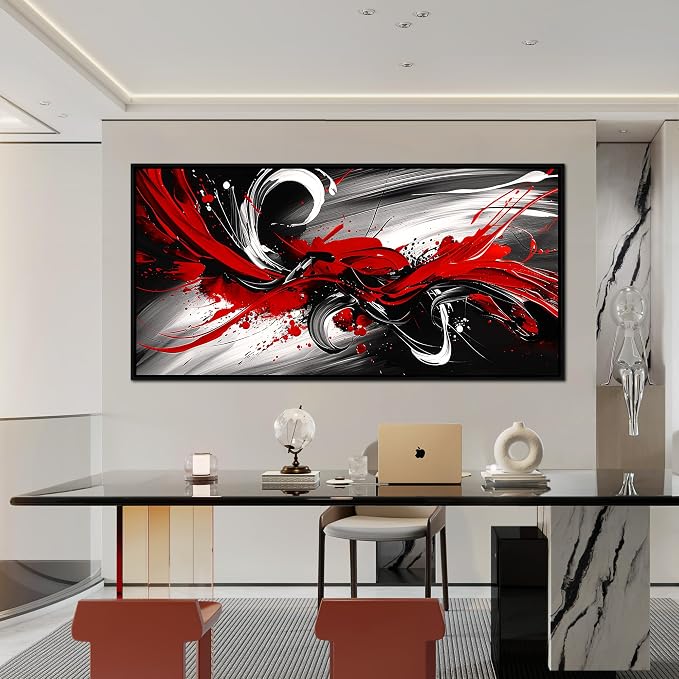 Black and White Red Large Canvas Wall Art for Living Room Black Framed Print Picture Painting Bedroom Office Wall Decor Modern Room Abstract Wall Decorations Artwork Size 30x60 Ready to Hang