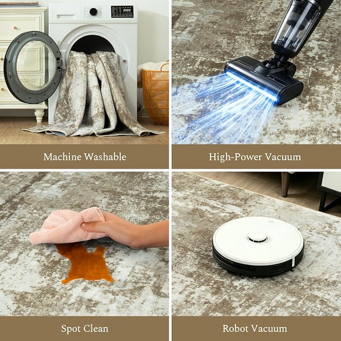 Rugflix 8x10 Area Rugs for Living Room, Washable Brown Large Rug | Machine Washable; Stain-Resistant; Low Pile; Non-Slip; Modern Abstract; Carpet for Bedroom Dining Office Nursery Home