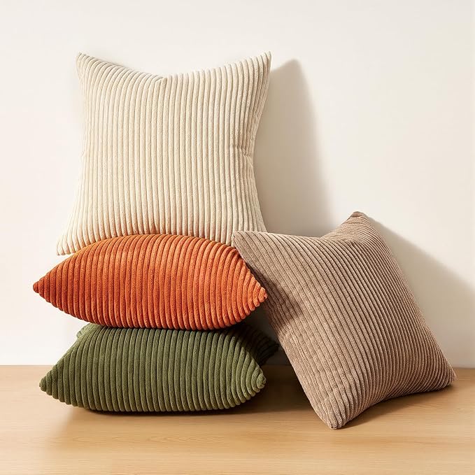 Topfinel Rust OliveGreen Throw Pillow Covers 18x18 Inch Set of 4 Boho Farmhouse Cushion Covers Soft Corduroy Fall Home Decor for Couch Bed Sofa Living Room