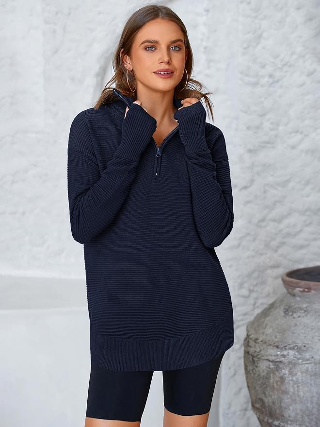 PRETTYGARDEN Womens Long Sleeve Quarter Zip Pullover Sweater Casual Loose V Neck Collared Ribbed Knit Jumper Tops Thumb Hole