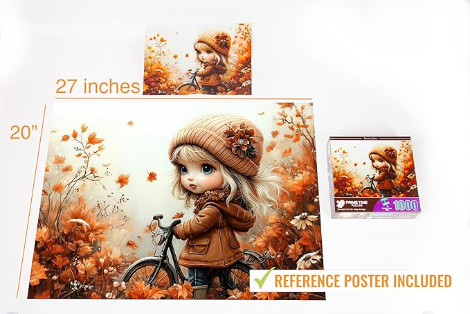 1000 Piece Jigsaw Puzzle for Adults - Cute Girl with Bicycle in Colorful Fall Leaves and Flowers - Challenging Puzzle Perfect for Game Nights - 20x27 inches (Autumn's Grace)