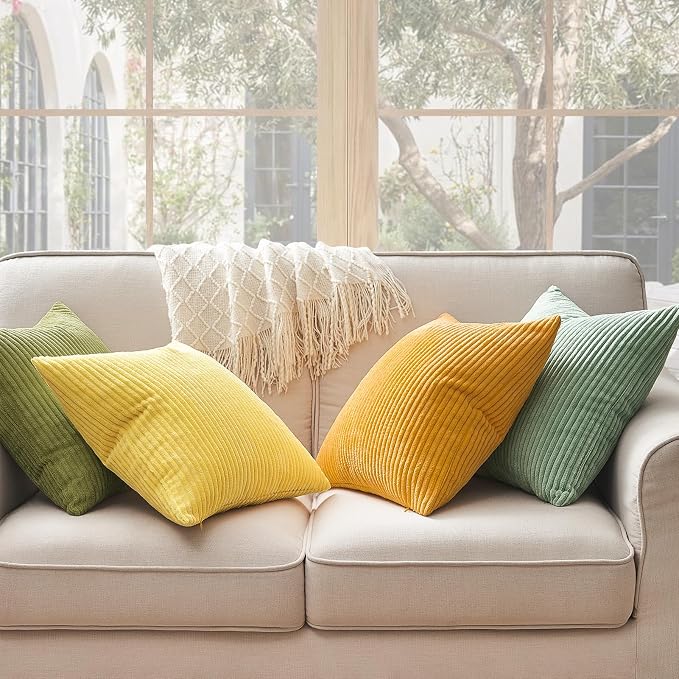 Topfinel Euro Shams Decorative Throw Pillow Covers 26x26 Inch Set of 4,Oversized Large Cushion Cases for Couch Sofa,Living Room,Corduroy Yellow Green Summer Home Decor